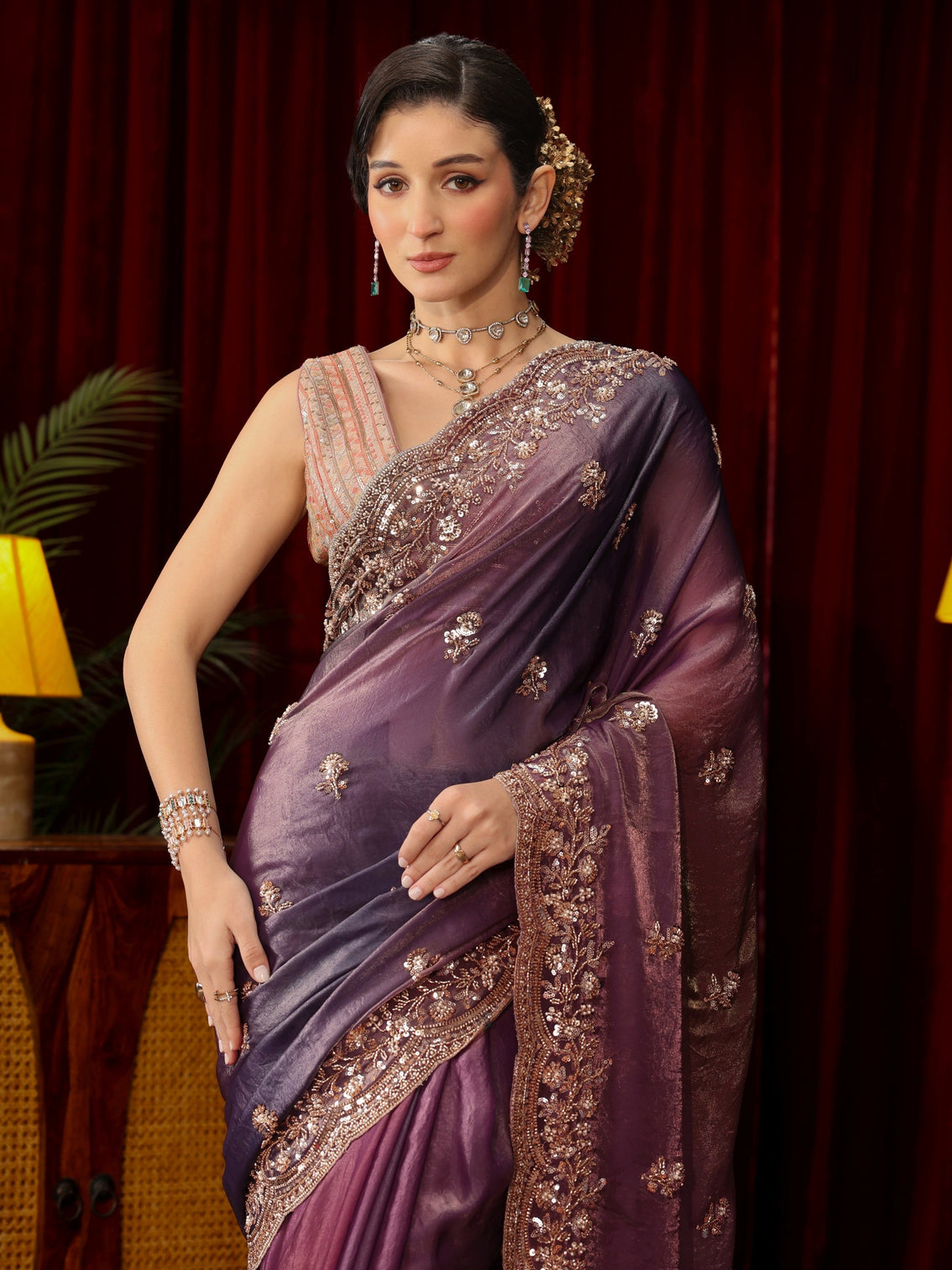 Mameraa Art Mauve Floral Sequin Embellished Tissue Saree
