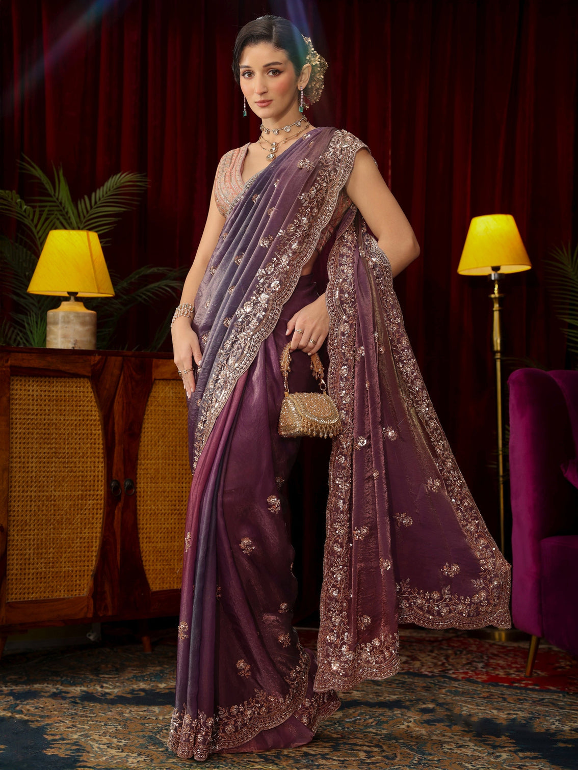Mameraa Art Mauve Floral Sequin Embellished Tissue Saree