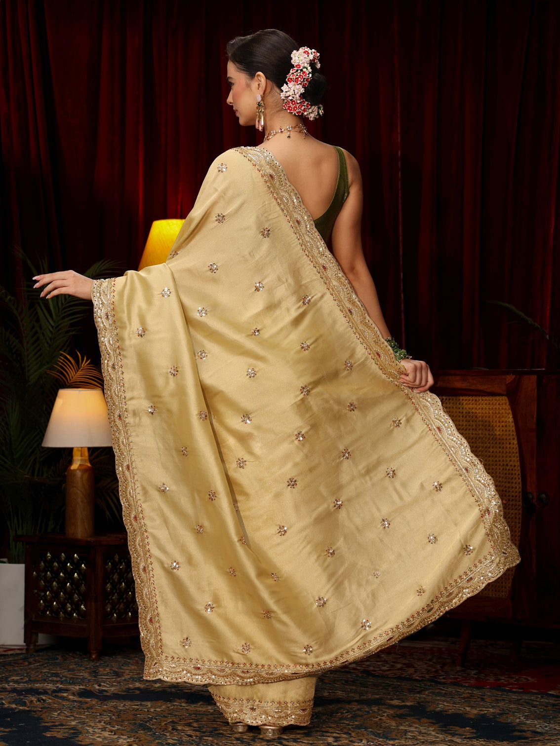 Mameraa Art Pista Green Floral Sequin Embellished Silk Blend Saree