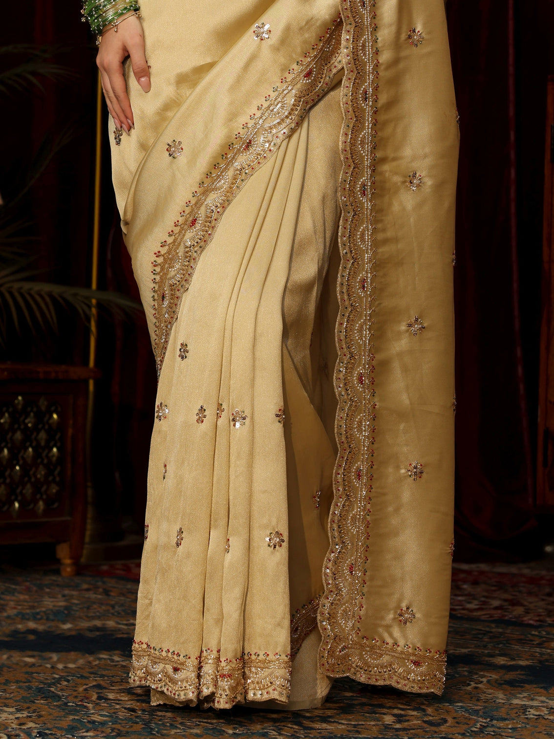 Mameraa Art Pista Green Floral Sequin Embellished Silk Blend Saree