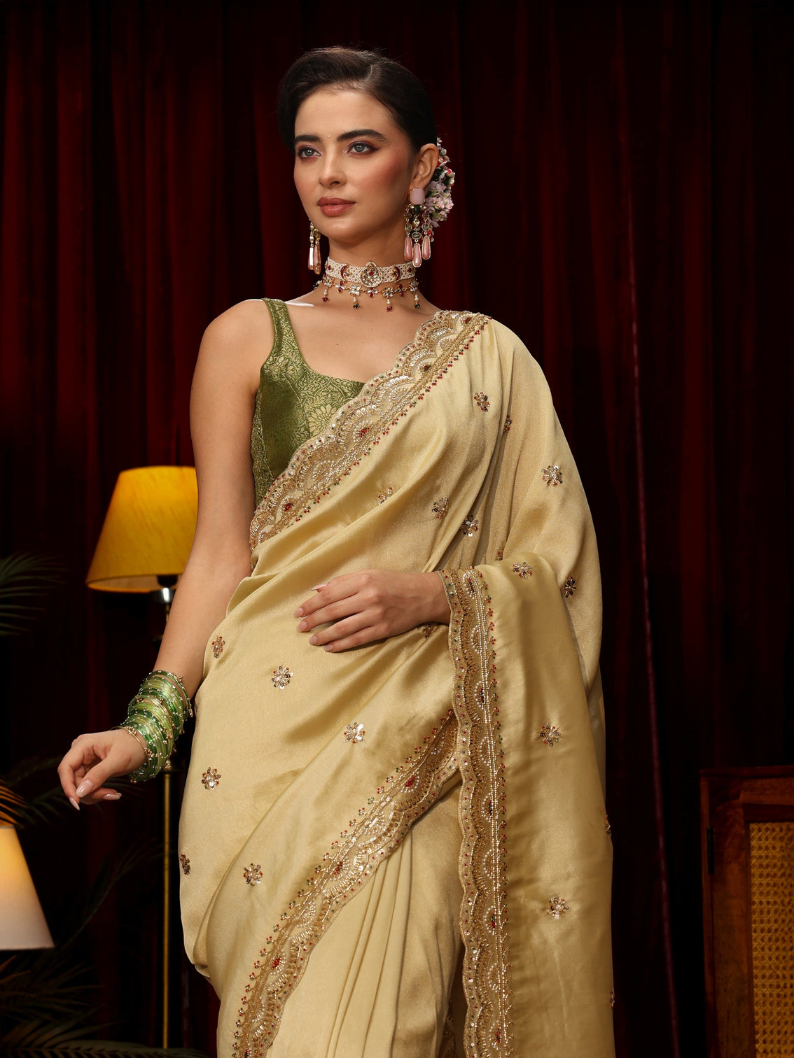 Mameraa Art Pista Green Floral Sequin Embellished Silk Blend Saree