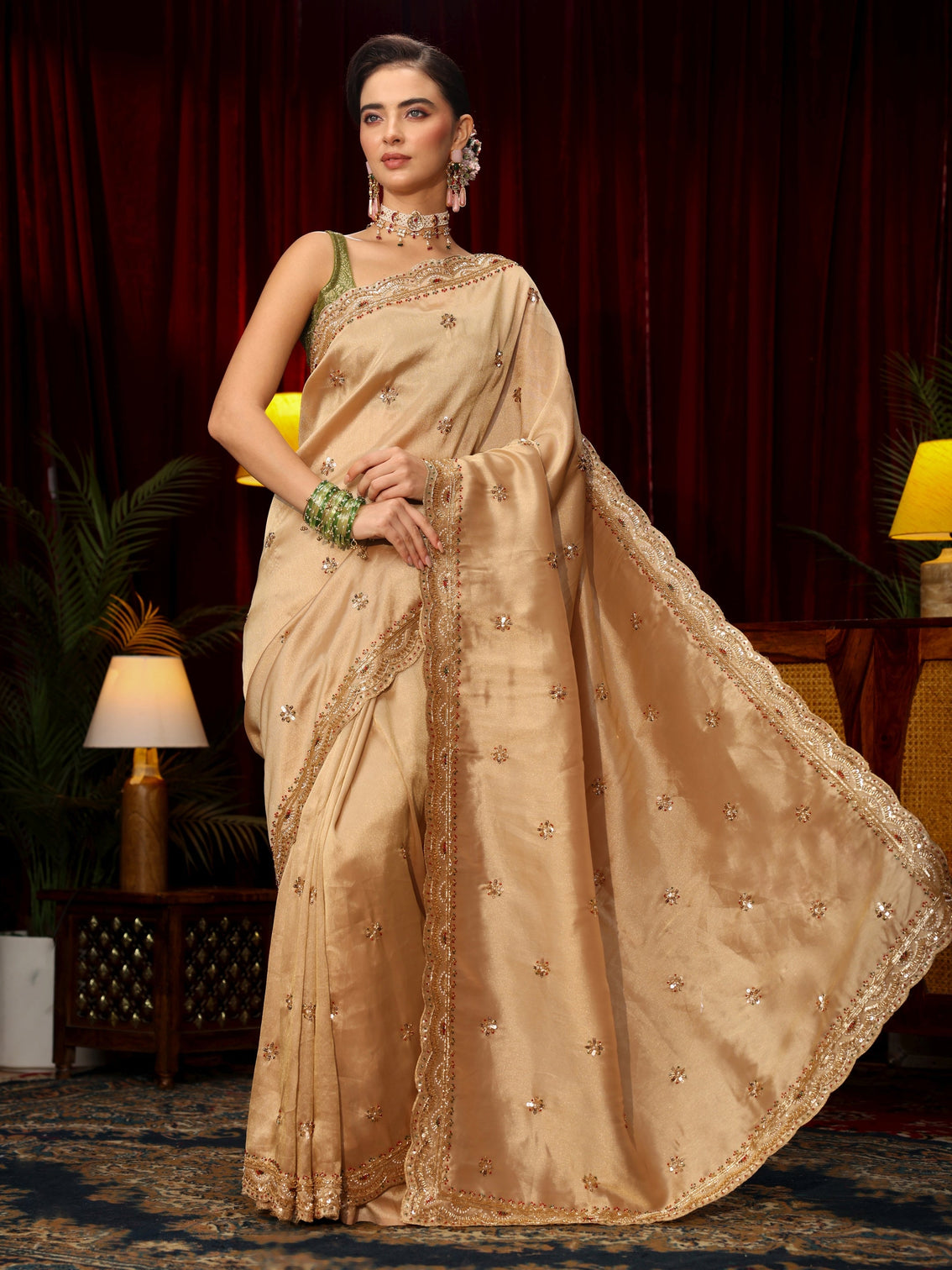 Mameraa Art Beige Floral Sequin Embellished Silk Blend Saree