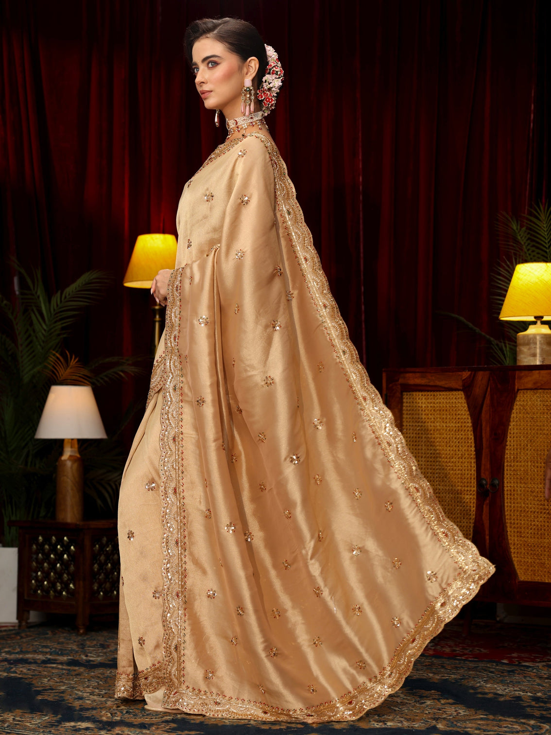 Mameraa Art Beige Floral Sequin Embellished Silk Blend Saree