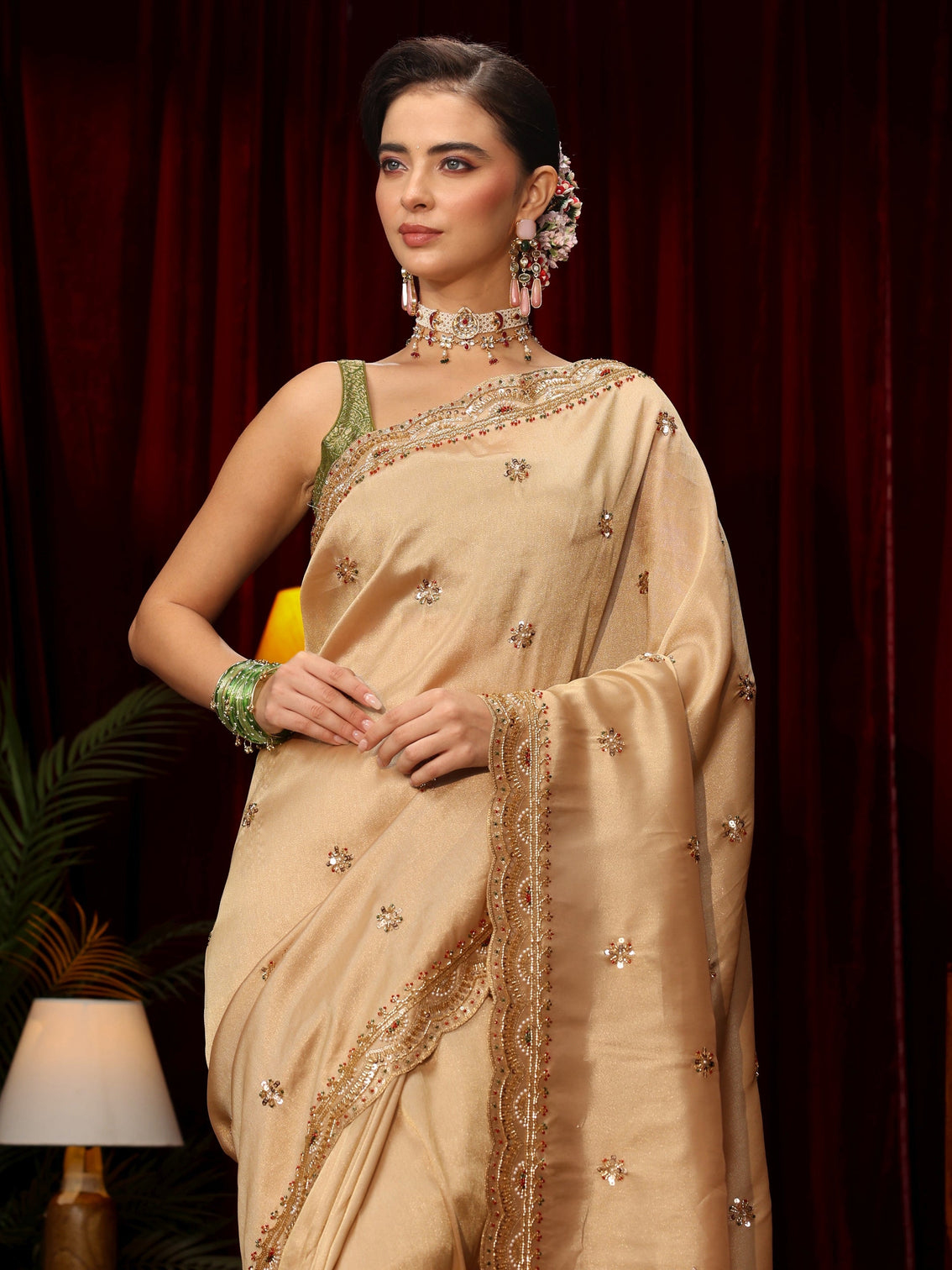 Mameraa Art Beige Floral Sequin Embellished Silk Blend Saree