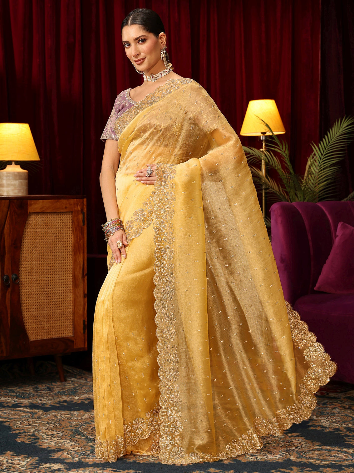 Mameraa Butter Yellow Embellished Tissue Saree with Scalloped Border