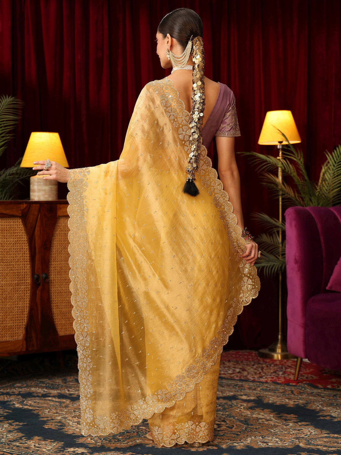 Mameraa Butter Yellow Embellished Tissue Saree with Scalloped Border