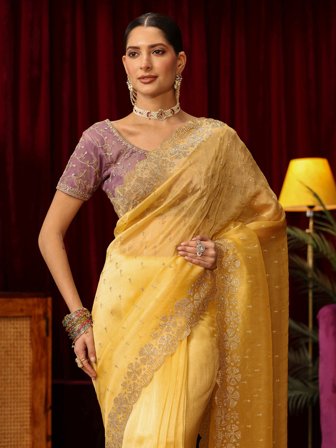 Mameraa Butter Yellow Embellished Tissue Saree with Scalloped Border