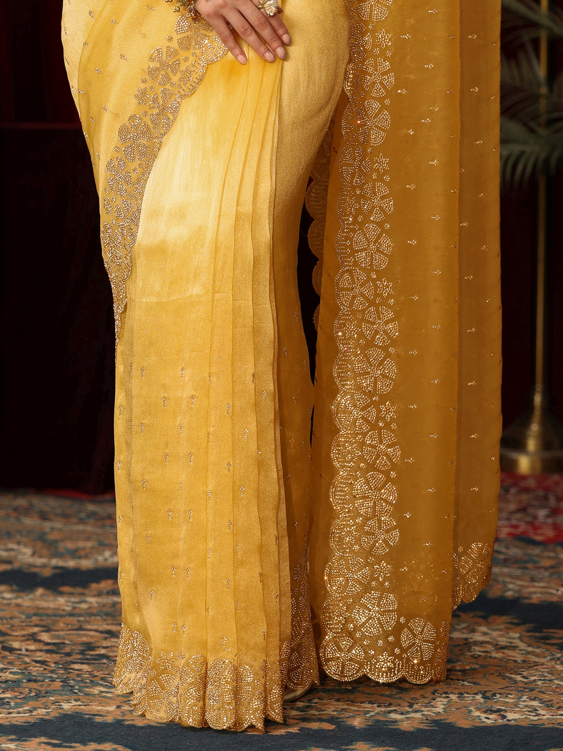 Mameraa Butter Yellow Embellished Tissue Saree with Scalloped Border