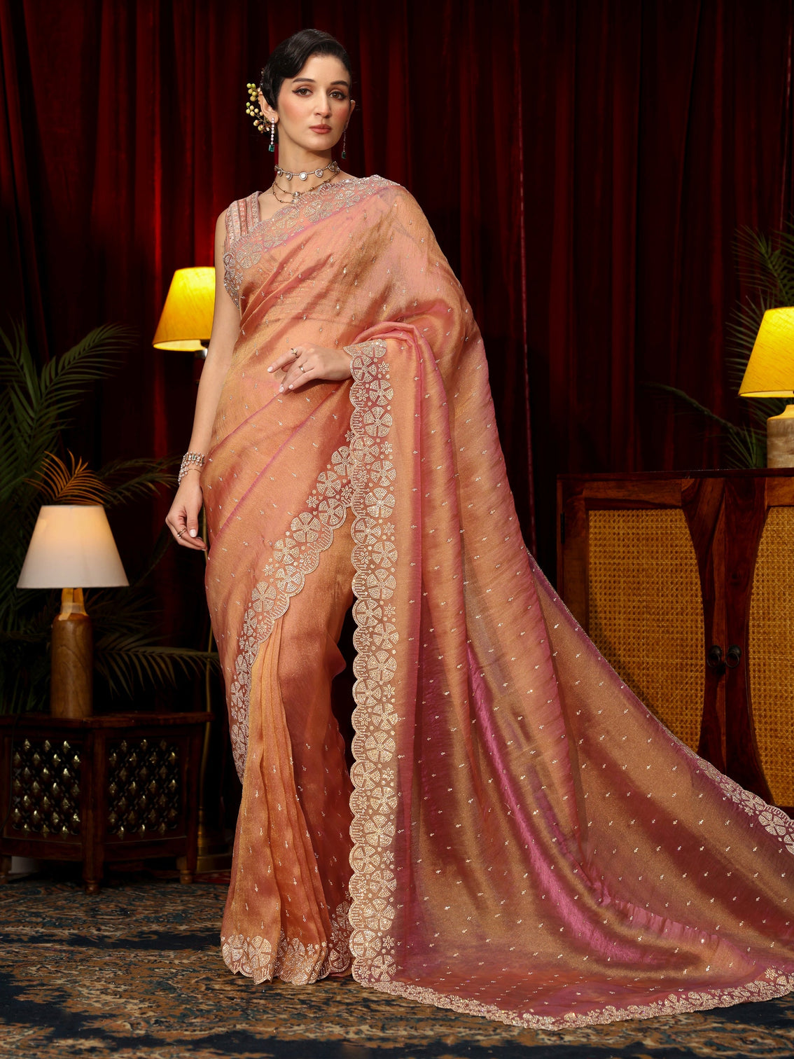 Mameraa Peach Pink Stone Work Embellished Tissue Saree