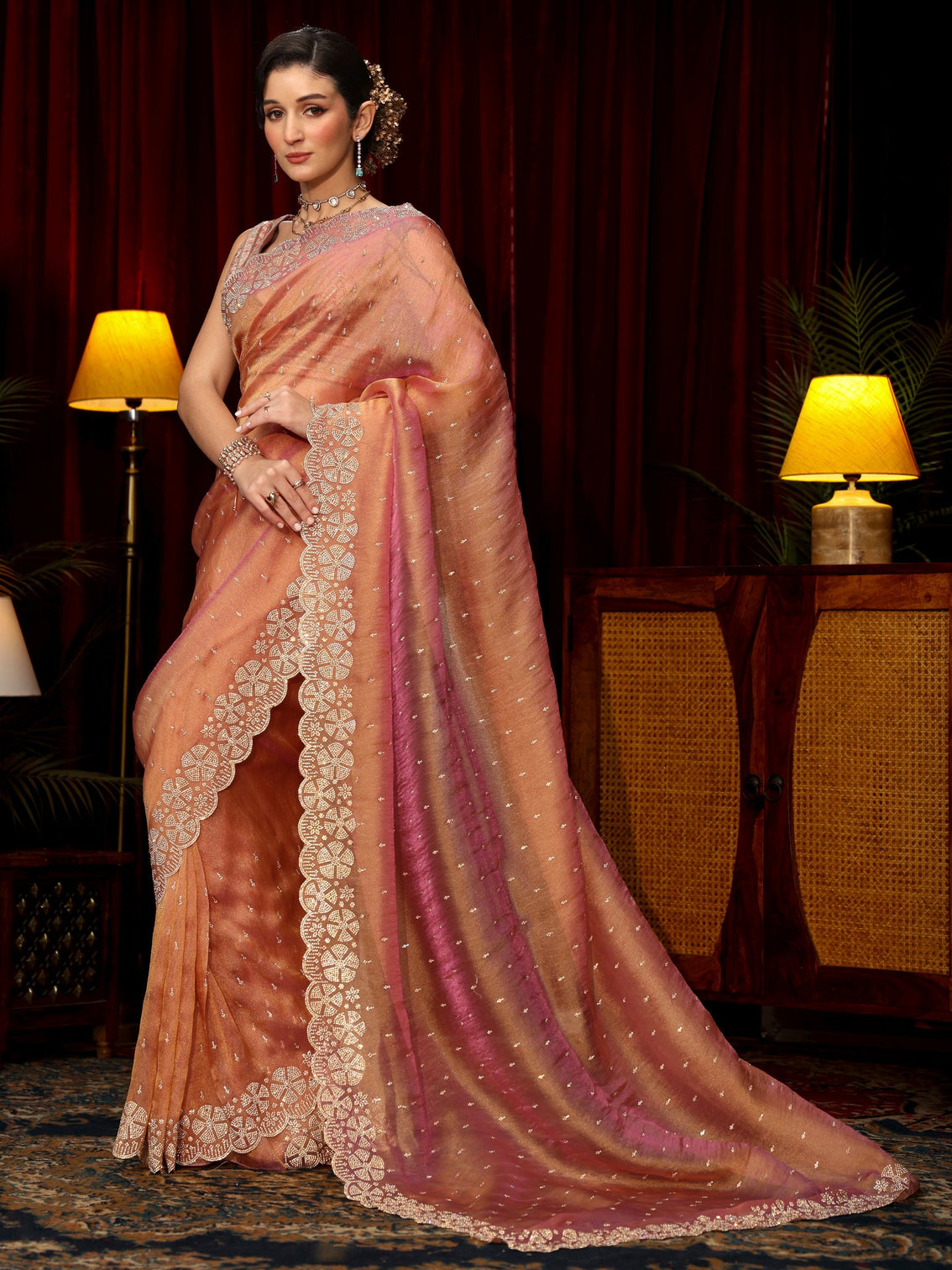 Mameraa Peach Pink Stone Work Embellished Tissue Saree