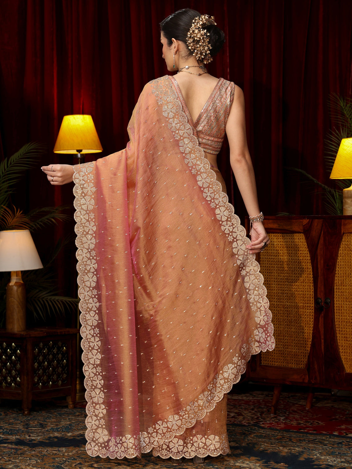 Mameraa Peach Pink Stone Work Embellished Tissue Saree