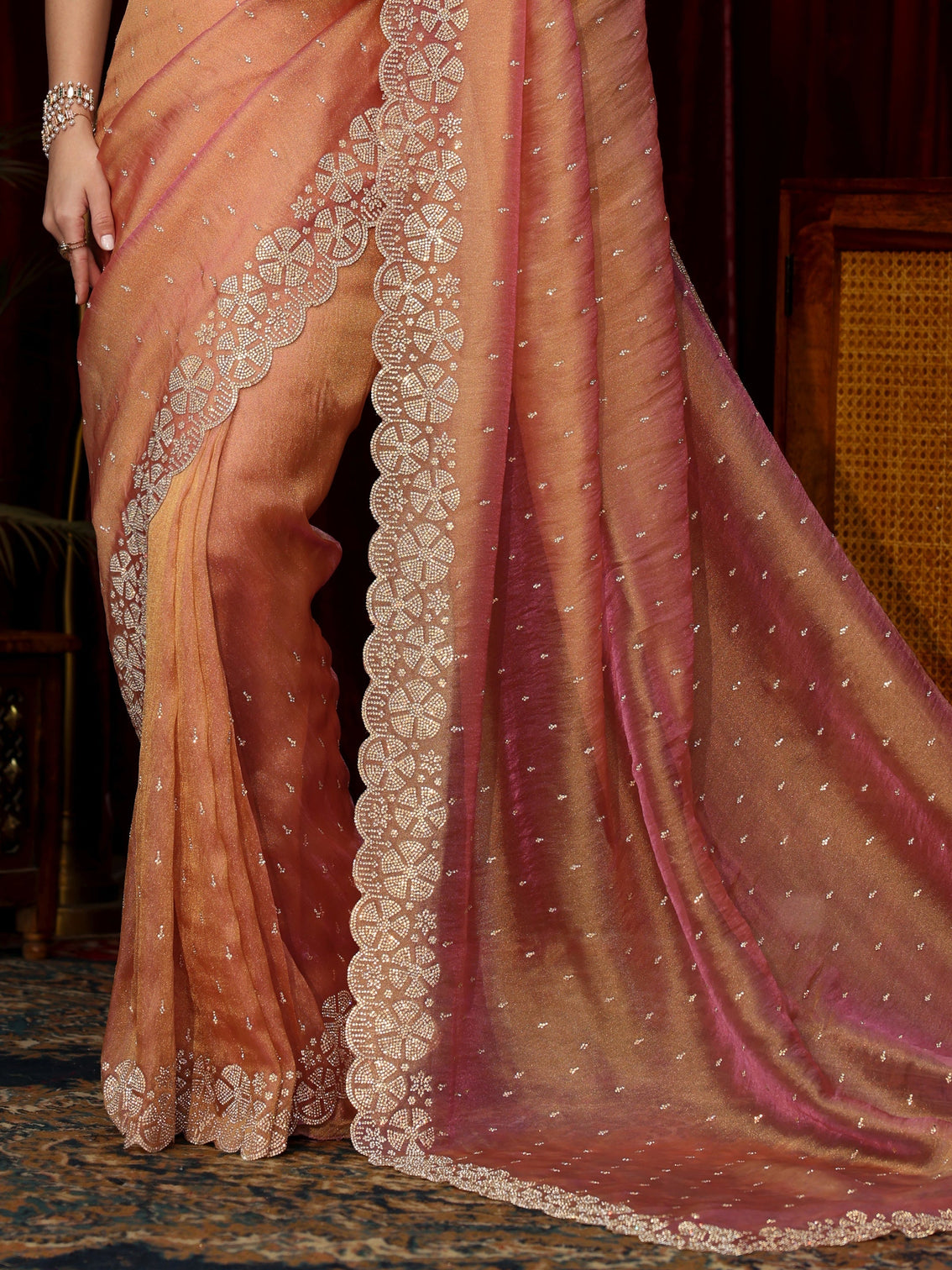 Mameraa Peach Pink Stone Work Embellished Tissue Saree