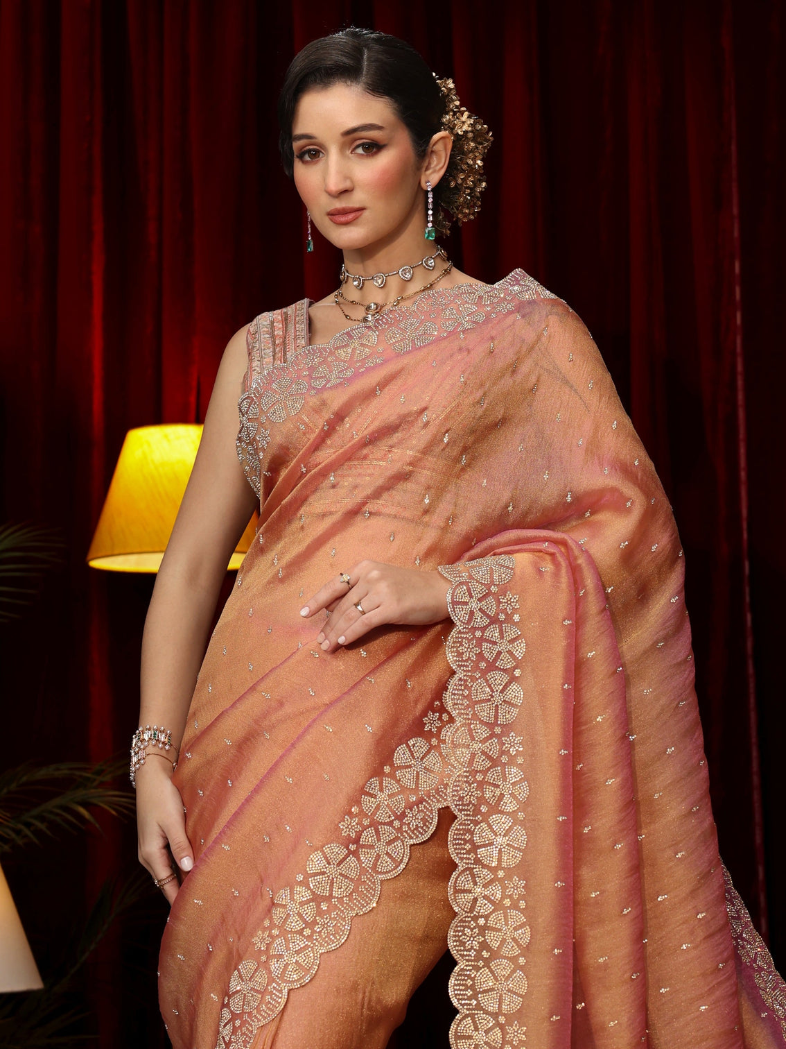 Mameraa Peach Pink Stone Work Embellished Tissue Saree