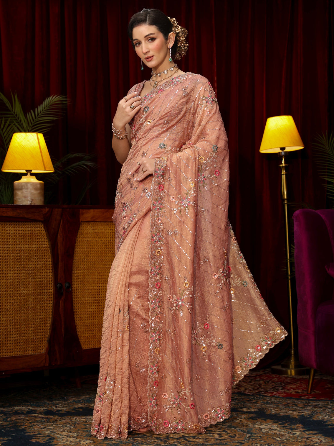 Mameraa Art Peach Pink Floral Sequin Embellished Tissue Saree