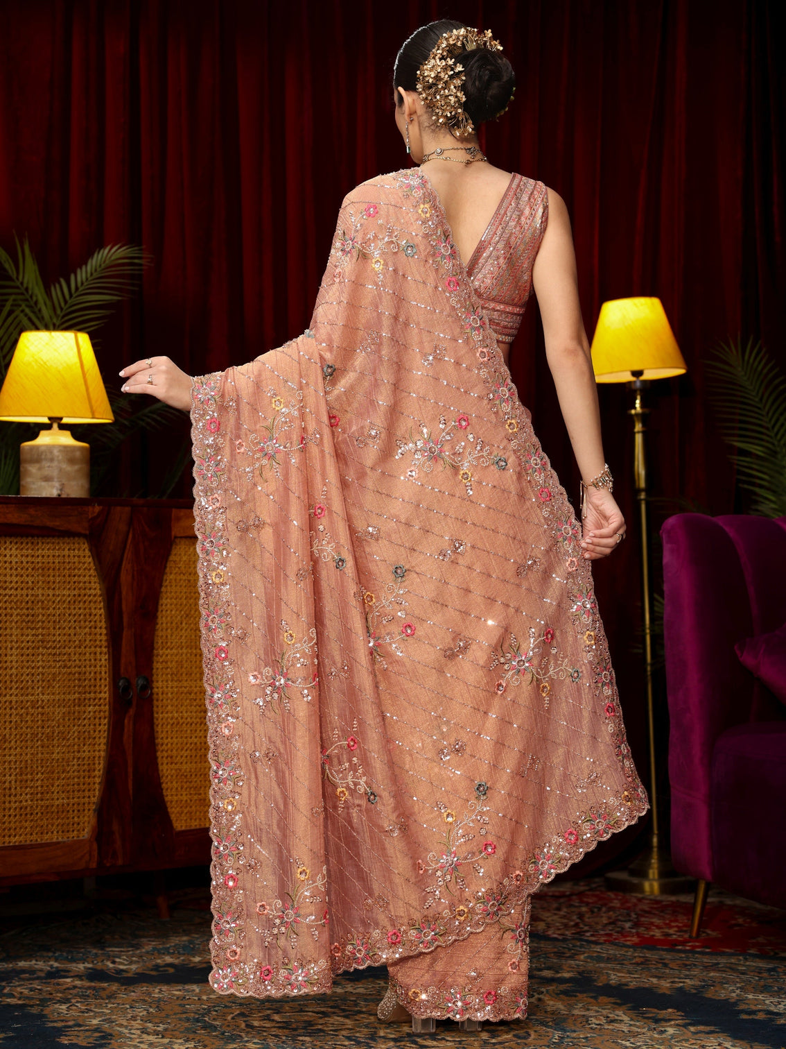 Mameraa Art Peach Pink Floral Sequin Embellished Tissue Saree