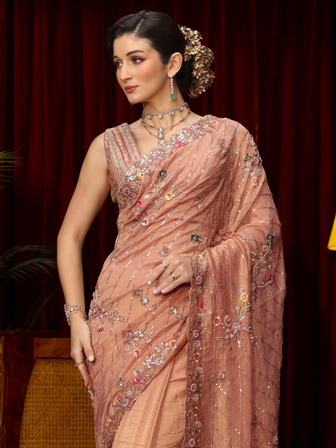 Mameraa Art Peach Pink Floral Sequin Embellished Tissue Saree