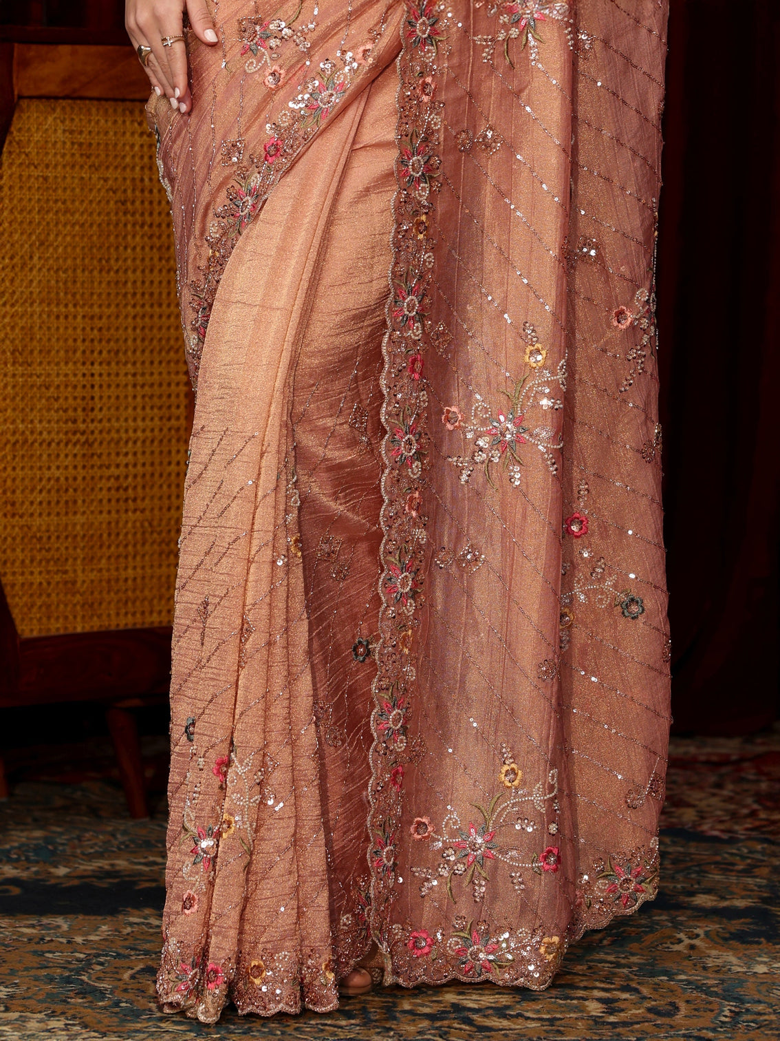 Mameraa Art Peach Pink Floral Sequin Embellished Tissue Saree