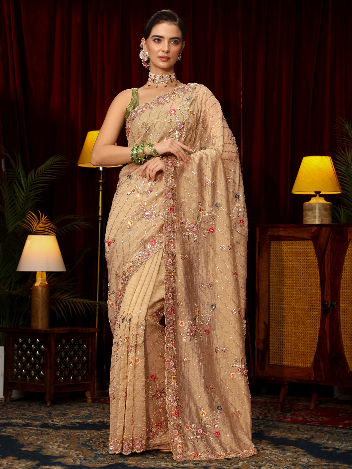 Mameraa Art Pista Green Floral Sequin Embellished Tissue Saree