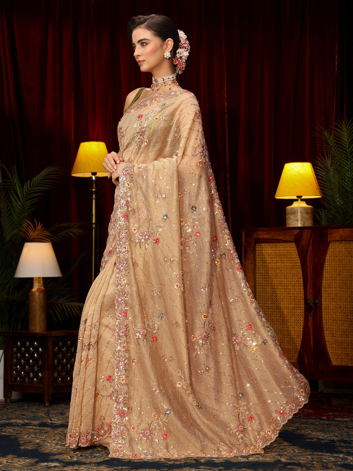 Mameraa Art Pista Green Floral Sequin Embellished Tissue Saree