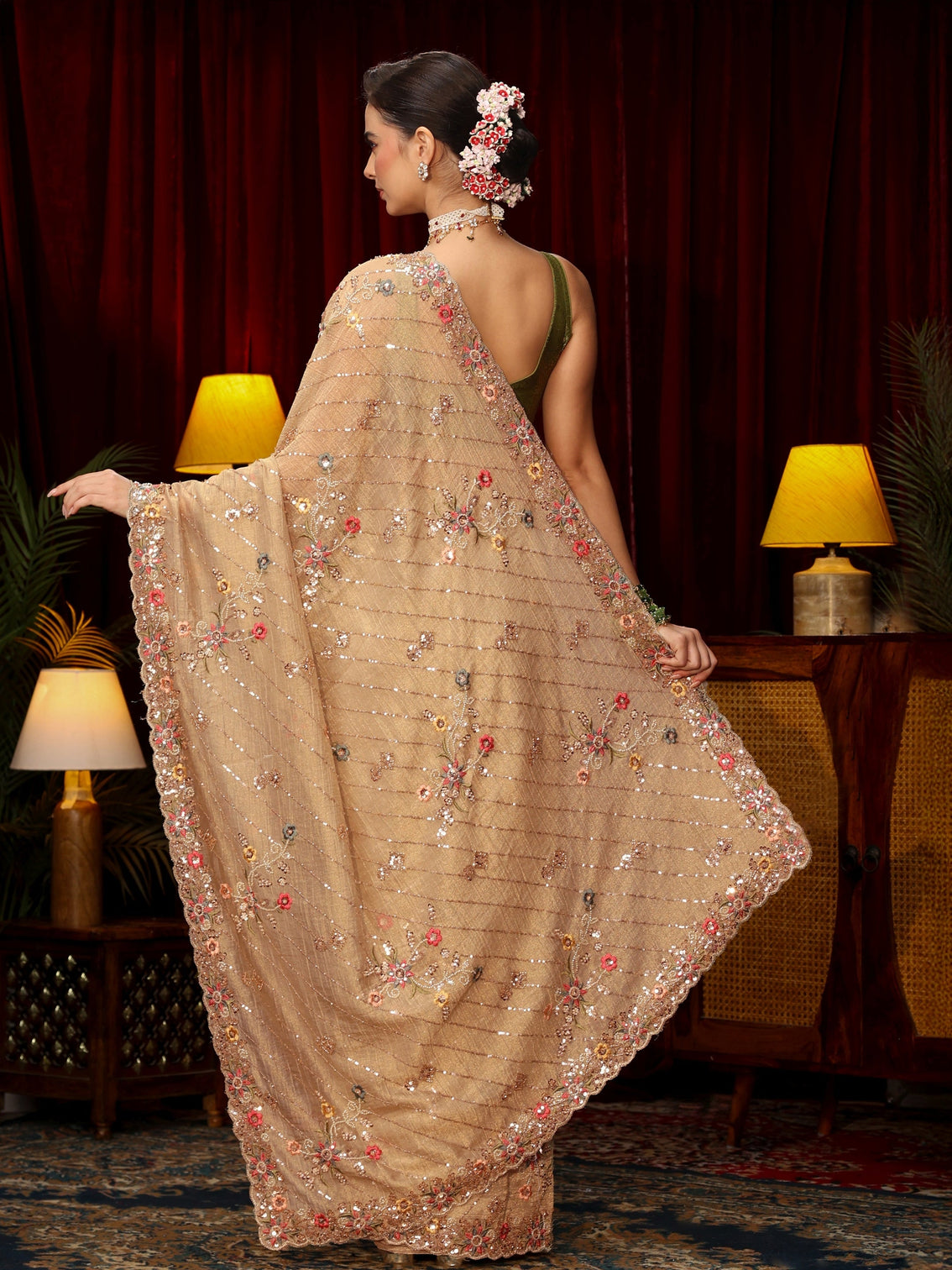 Mameraa Art Pista Green Floral Sequin Embellished Tissue Saree