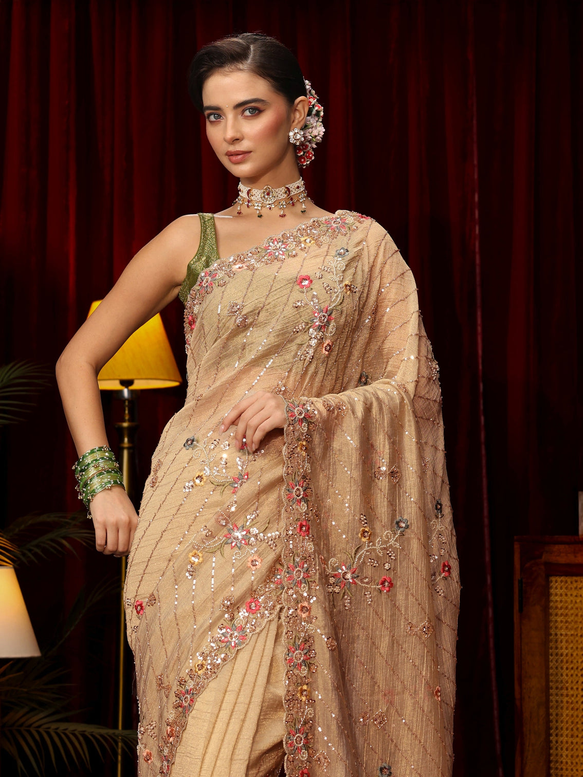 Mameraa Art Pista Green Floral Sequin Embellished Tissue Saree