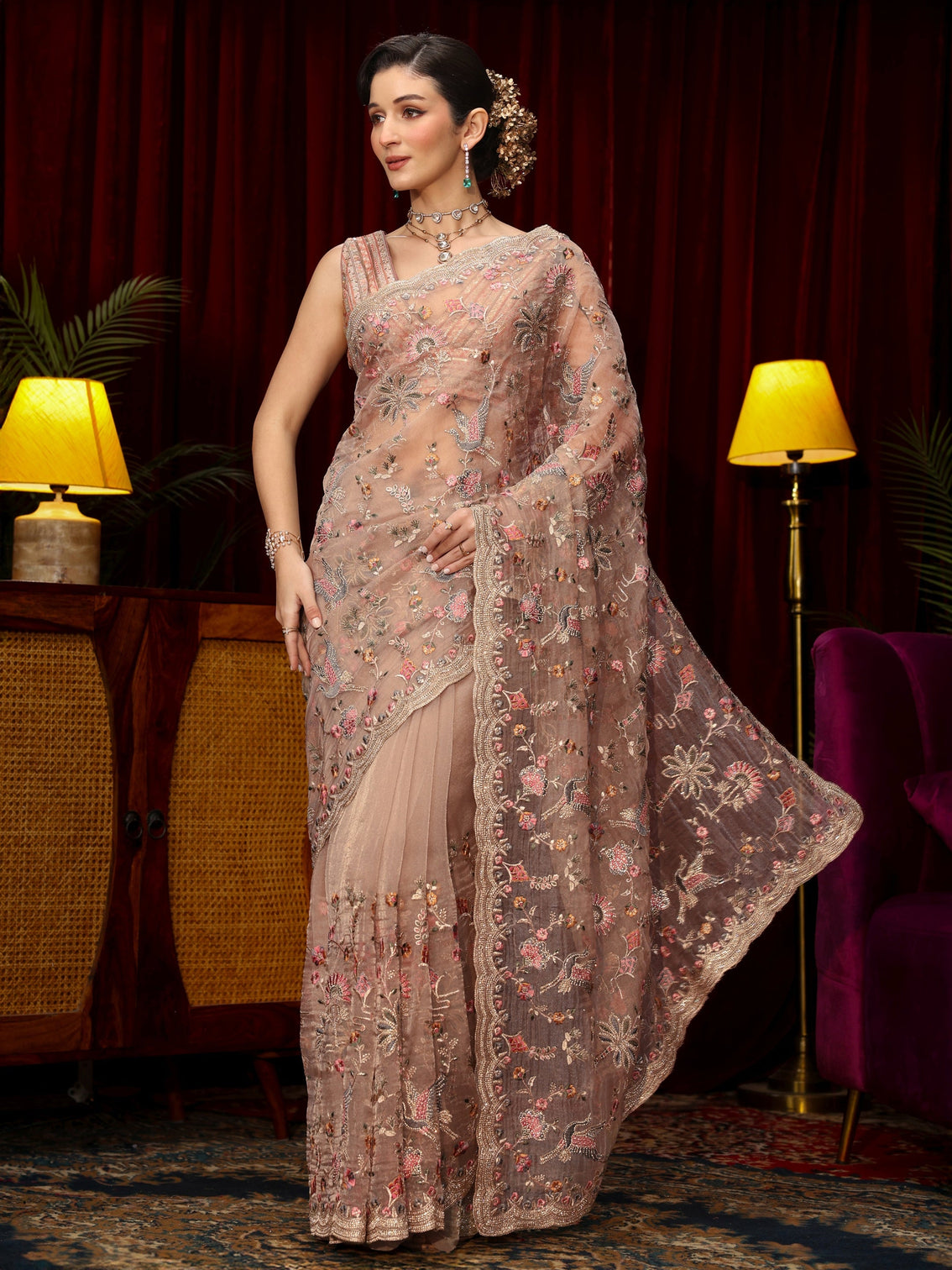Mameraa Art Lavender Floral Stone Work Embellished Tissue Saree
