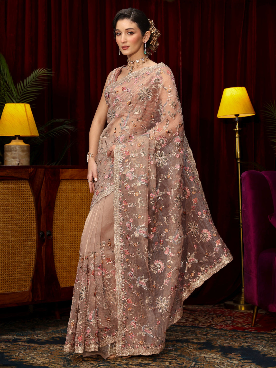 Mameraa Art Lavender Floral Stone Work Embellished Tissue Saree