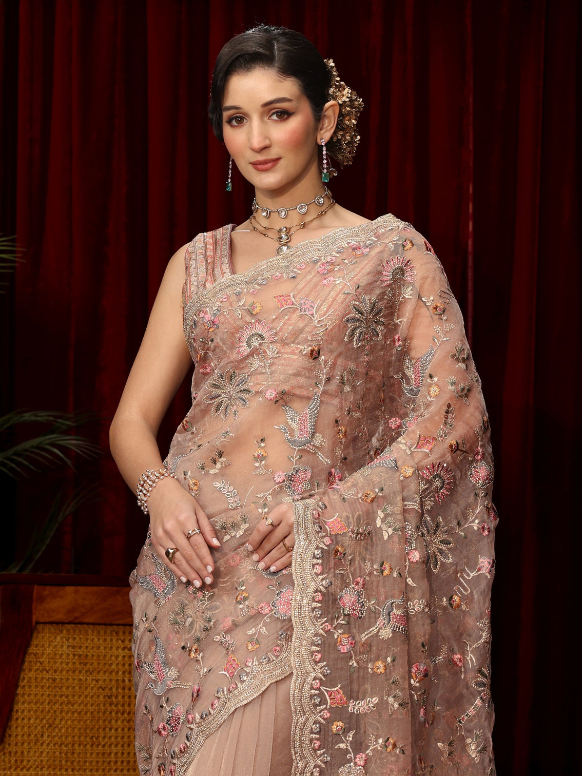 Mameraa Art Lavender Floral Stone Work Embellished Tissue Saree