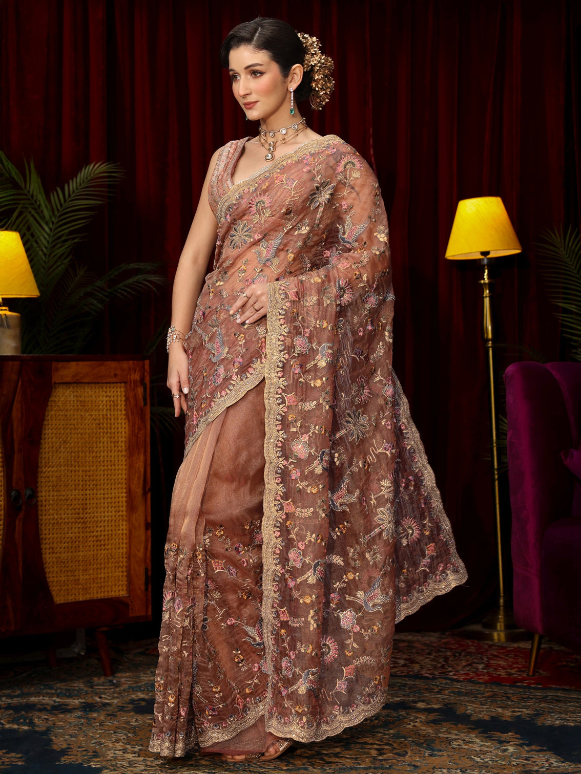 Mameraa Art Peach Pink Floral Stone Work Embellished Tissue Saree
