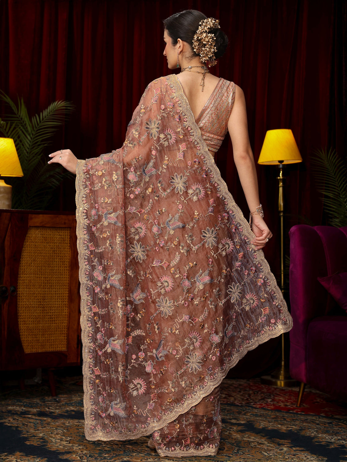 Mameraa Art Peach Pink Floral Stone Work Embellished Tissue Saree