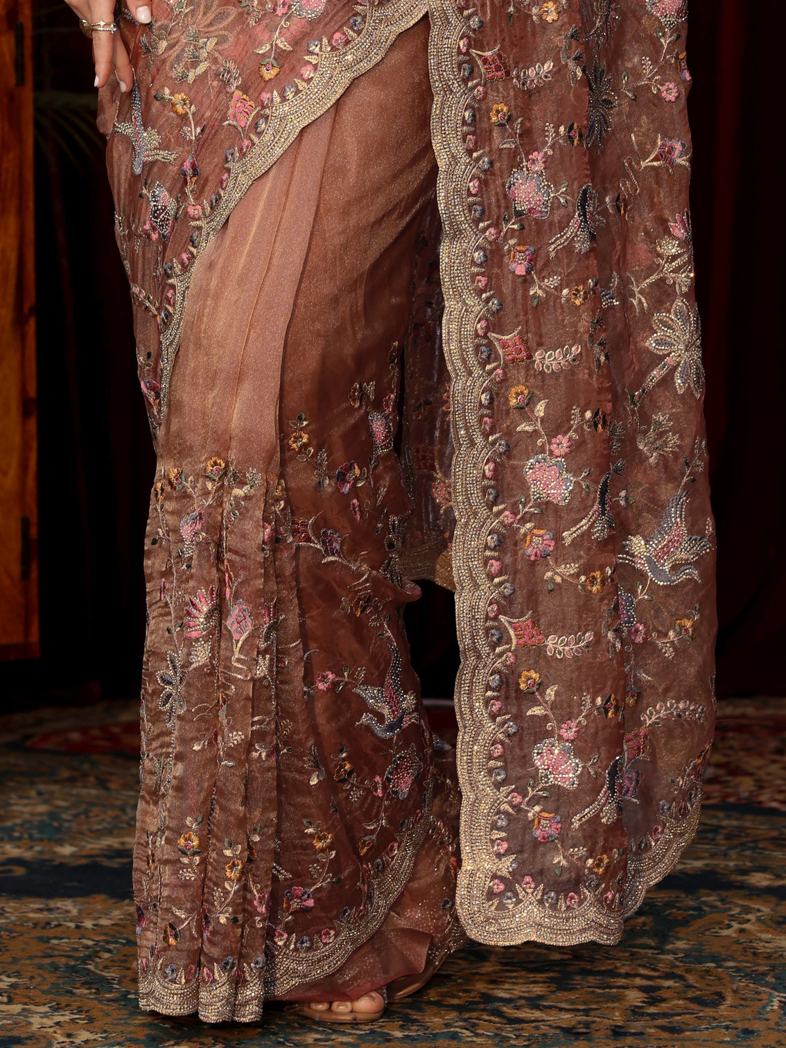 Mameraa Art Peach Pink Floral Stone Work Embellished Tissue Saree