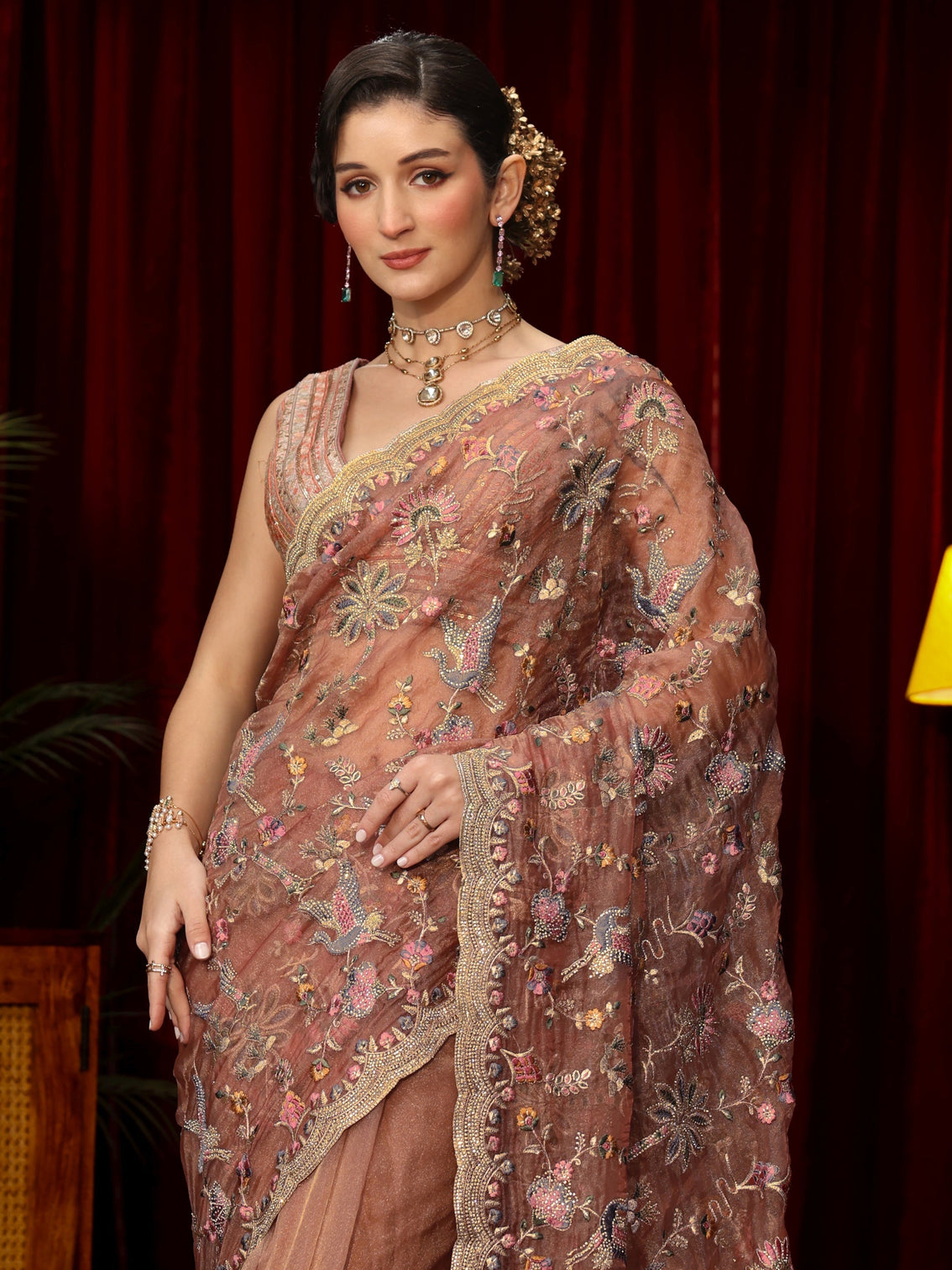Mameraa Art Peach Pink Floral Stone Work Embellished Tissue Saree