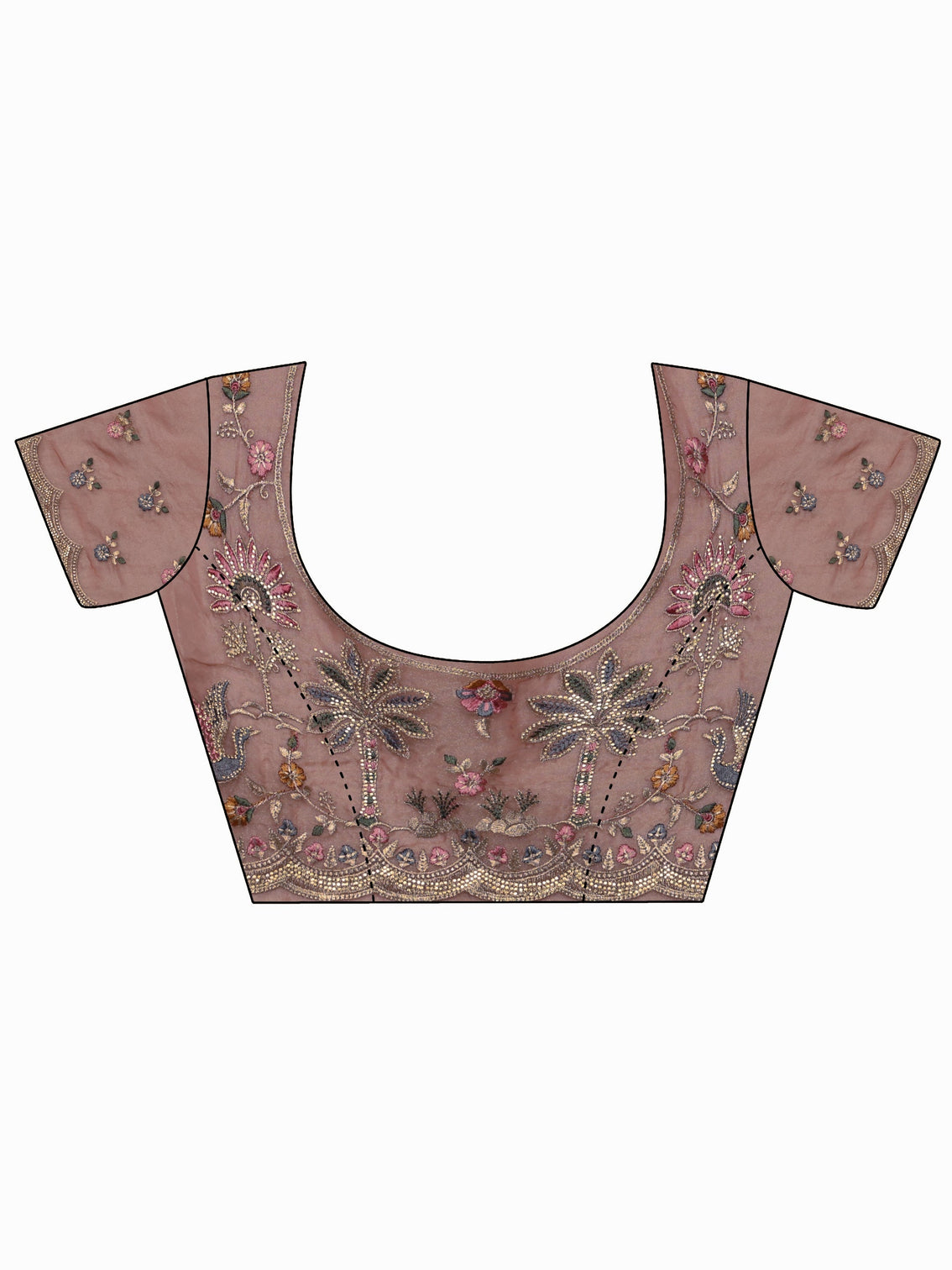 Mameraa Art Peach Pink Floral Stone Work Embellished Tissue Saree