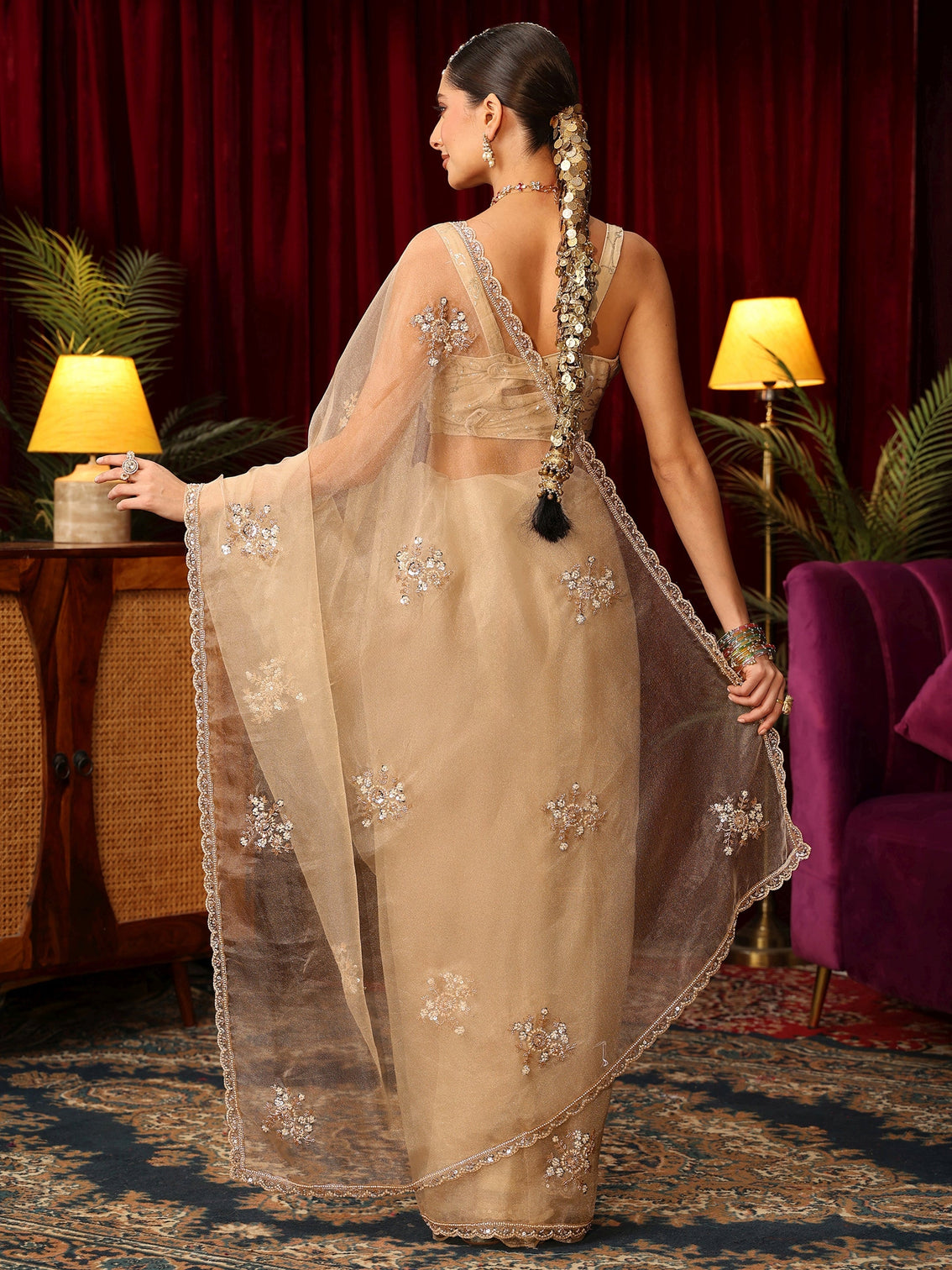 Mameraa Beige Net Saree with Sequin and Bead Embellished Flowers