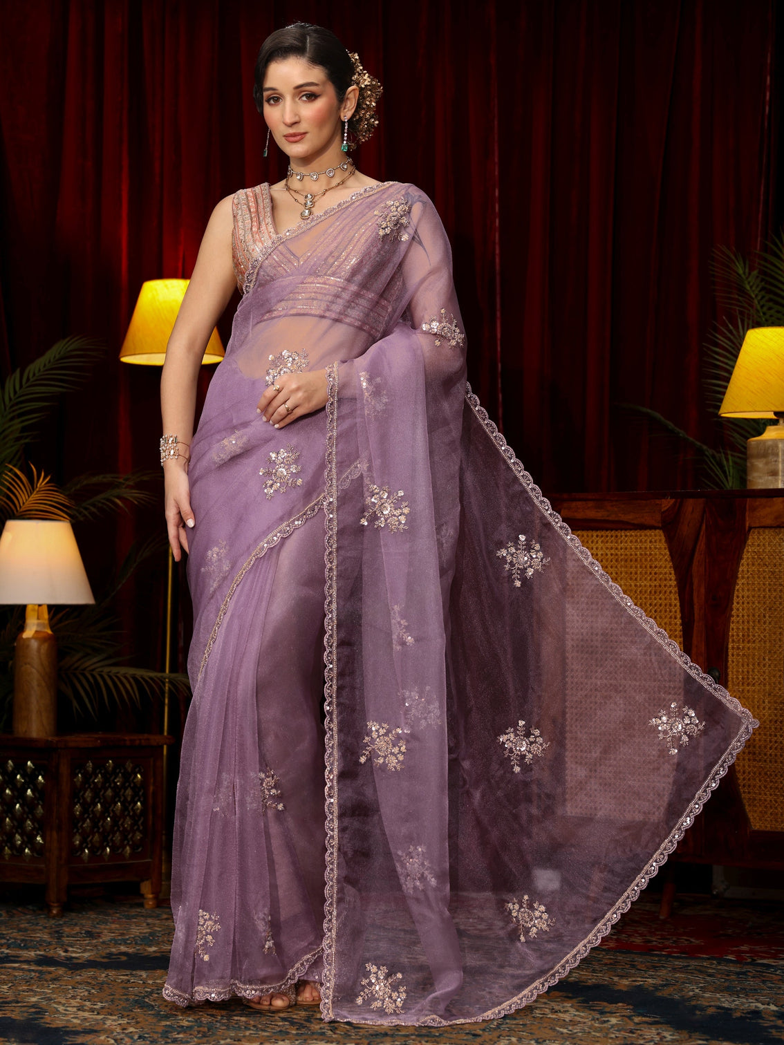 Mameraa Lavender Floral Sequin Embellished Tissue Saree