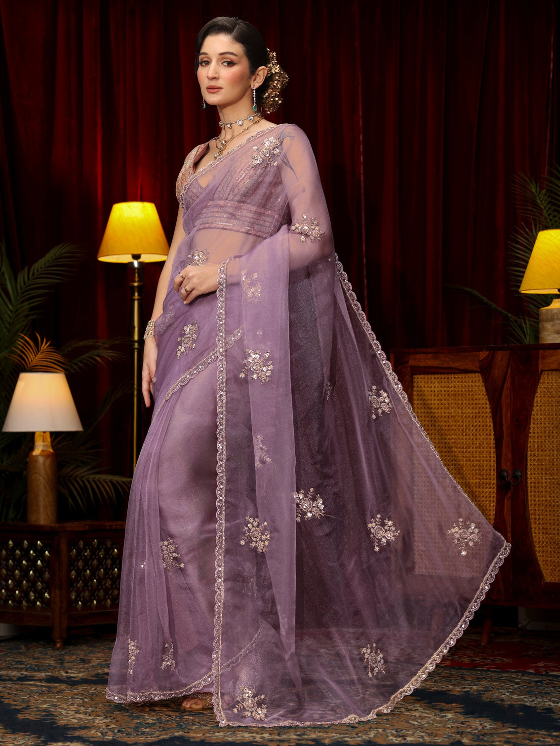 Mameraa Lavender Floral Sequin Embellished Tissue Saree