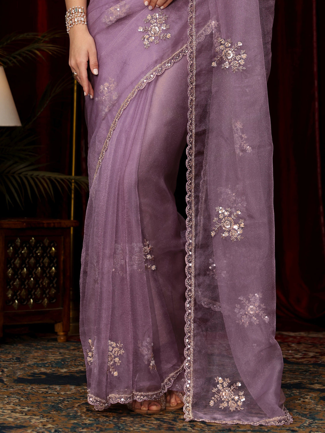 Mameraa Lavender Floral Sequin Embellished Tissue Saree
