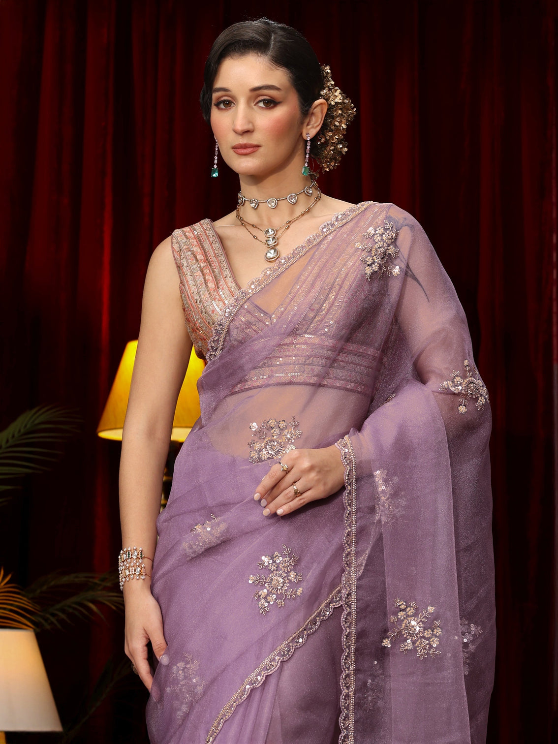 Mameraa Lavender Floral Sequin Embellished Tissue Saree