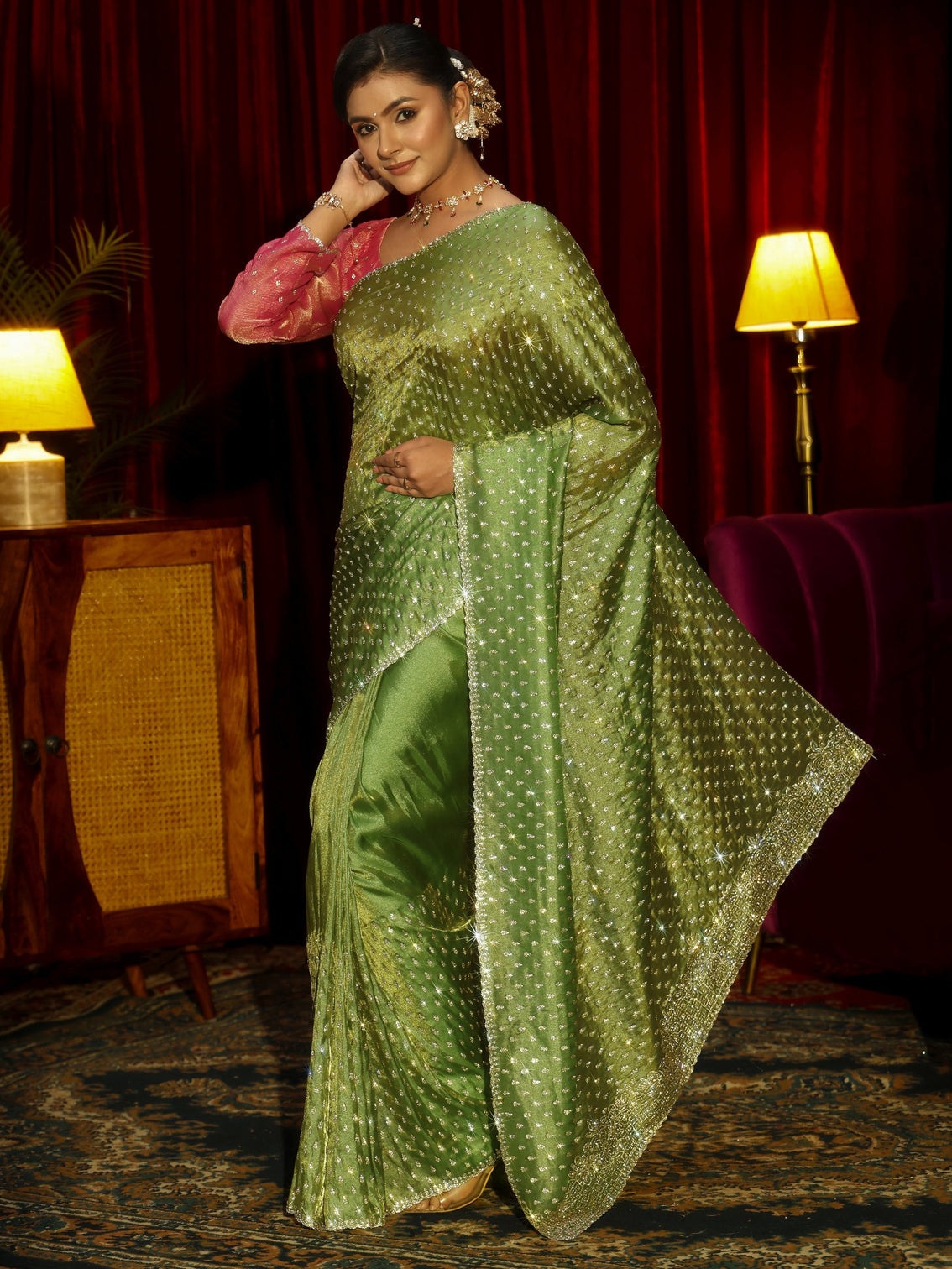 Mameraa Art Green Stone Work Embellished Tissue Saree