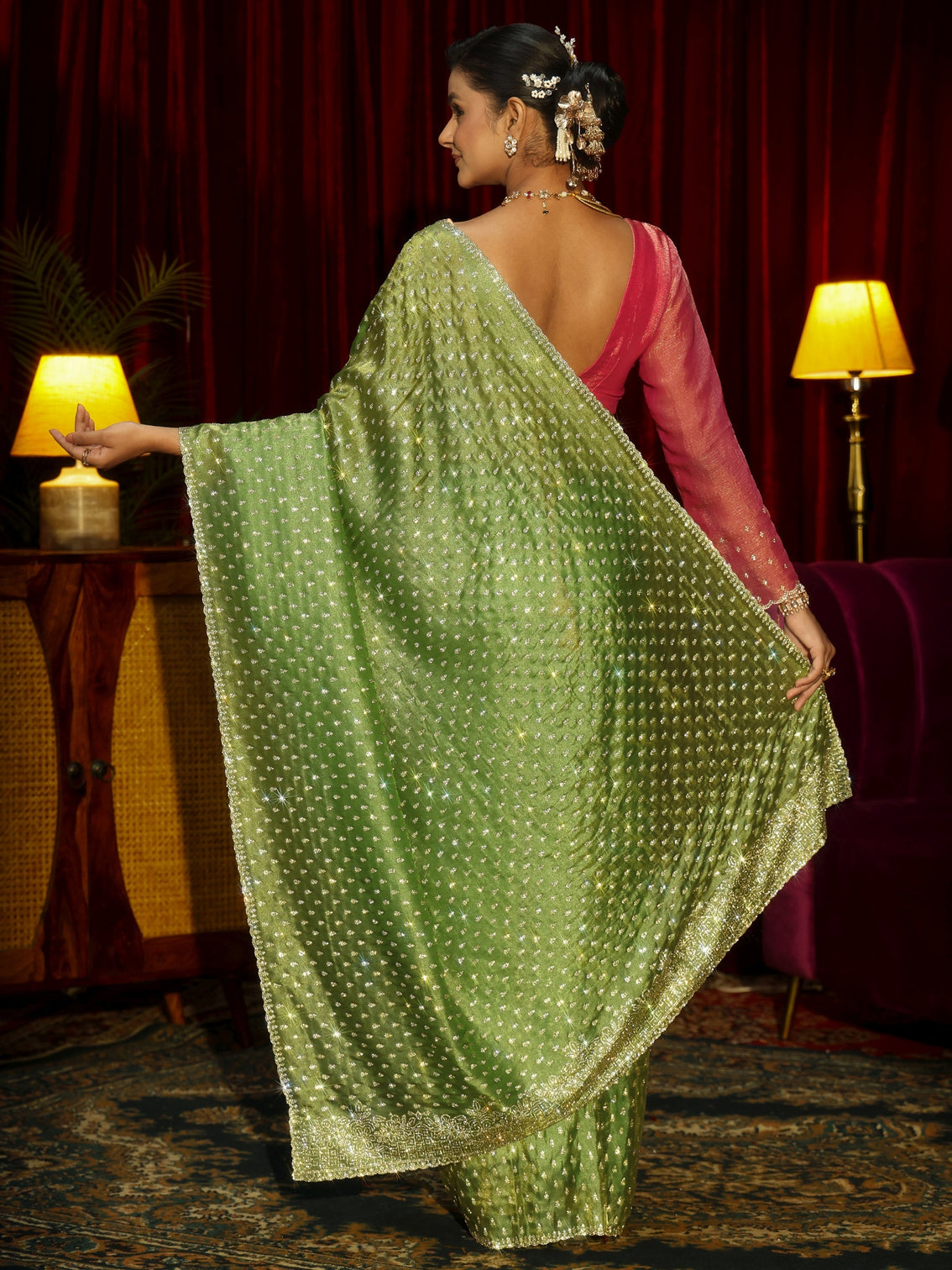 Mameraa Art Green Stone Work Embellished Tissue Saree