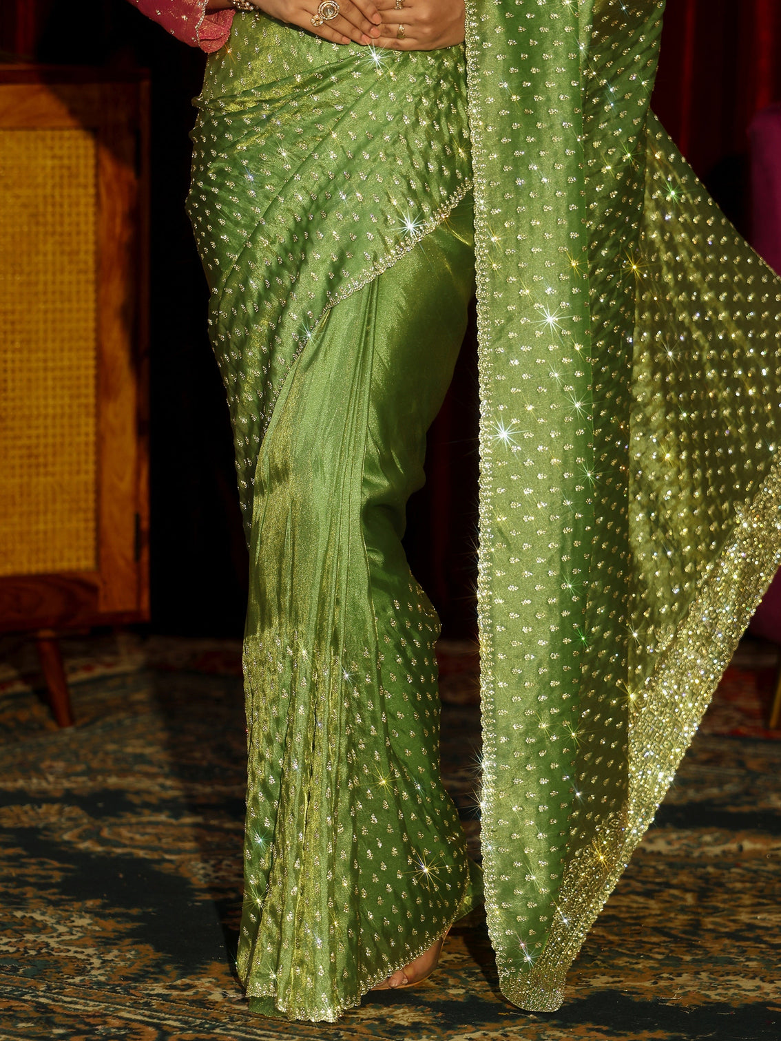 Mameraa Art Green Stone Work Embellished Tissue Saree