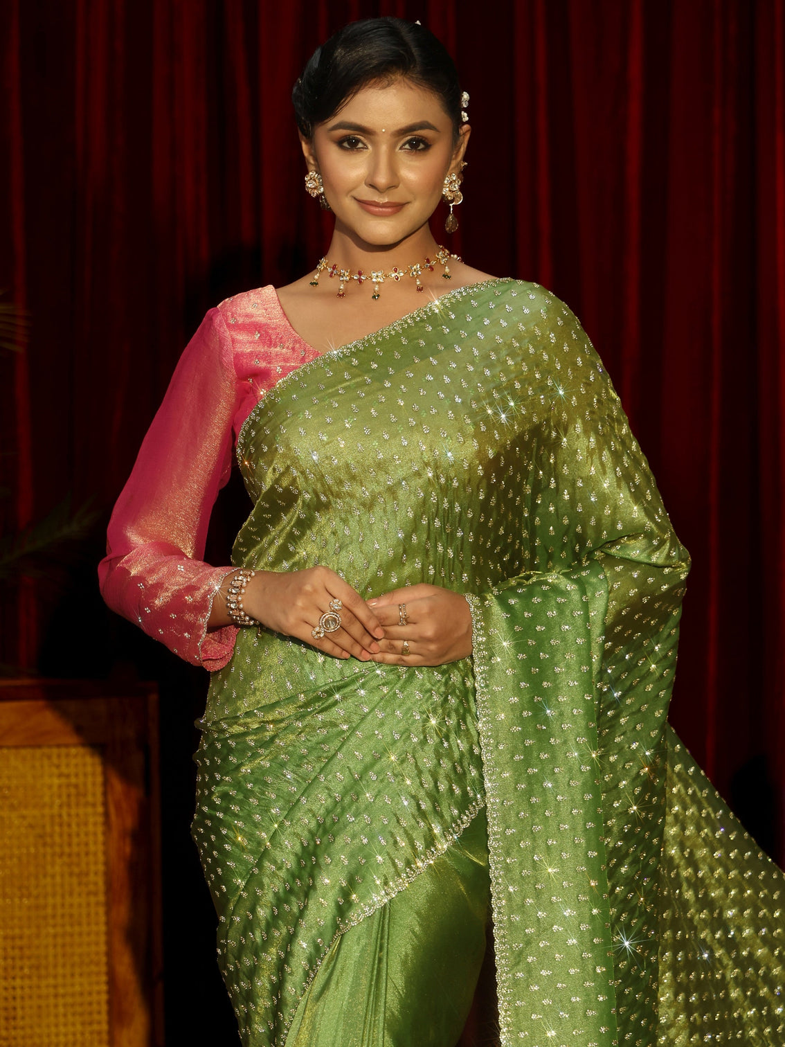 Mameraa Art Green Stone Work Embellished Tissue Saree