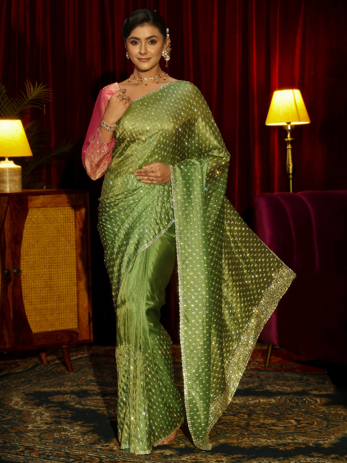 Mameraa Art Green Stone Work Embellished Tissue Saree
