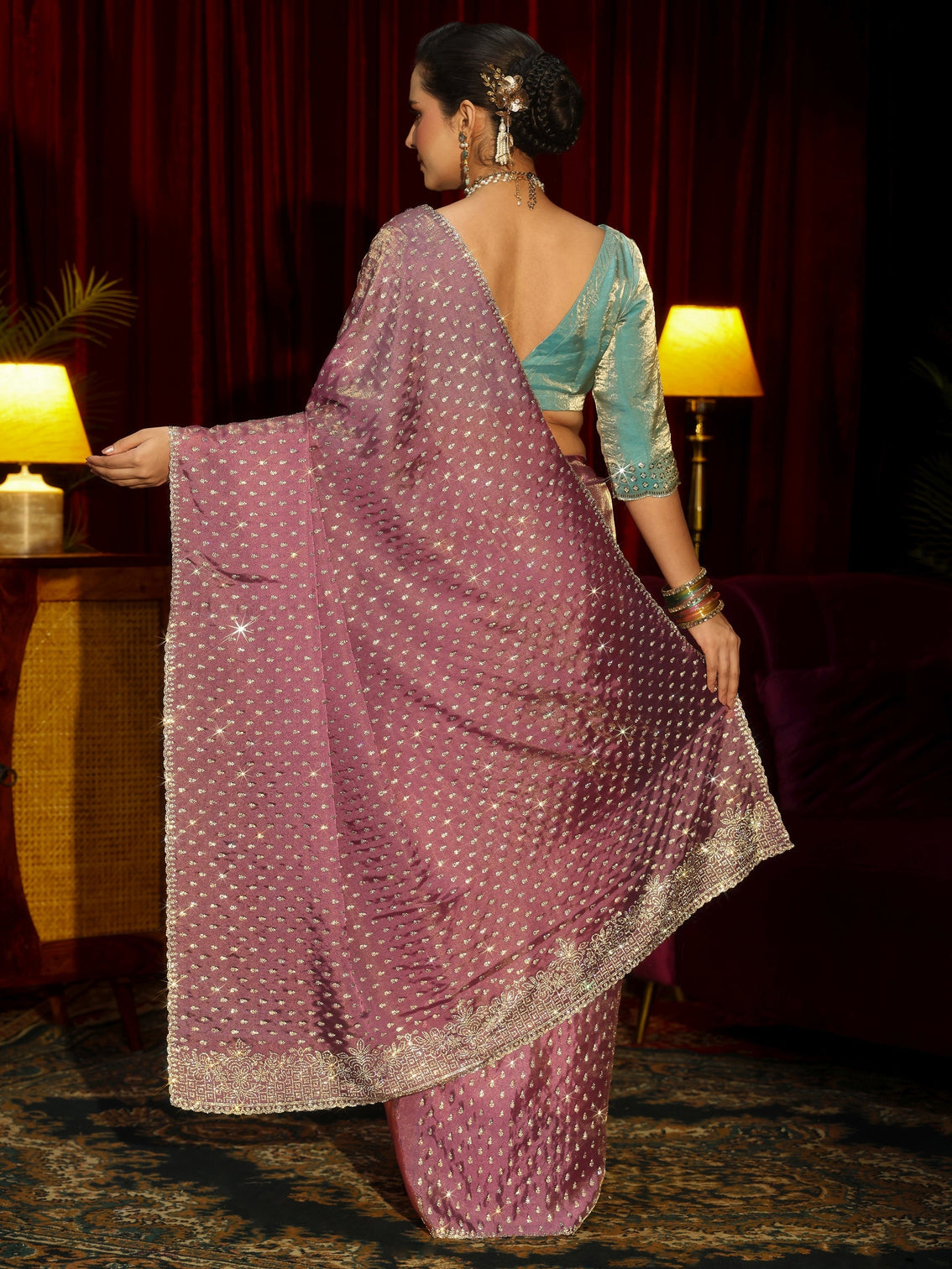 Mameraa Art Mauve Stone Work Embellished Tissue Saree