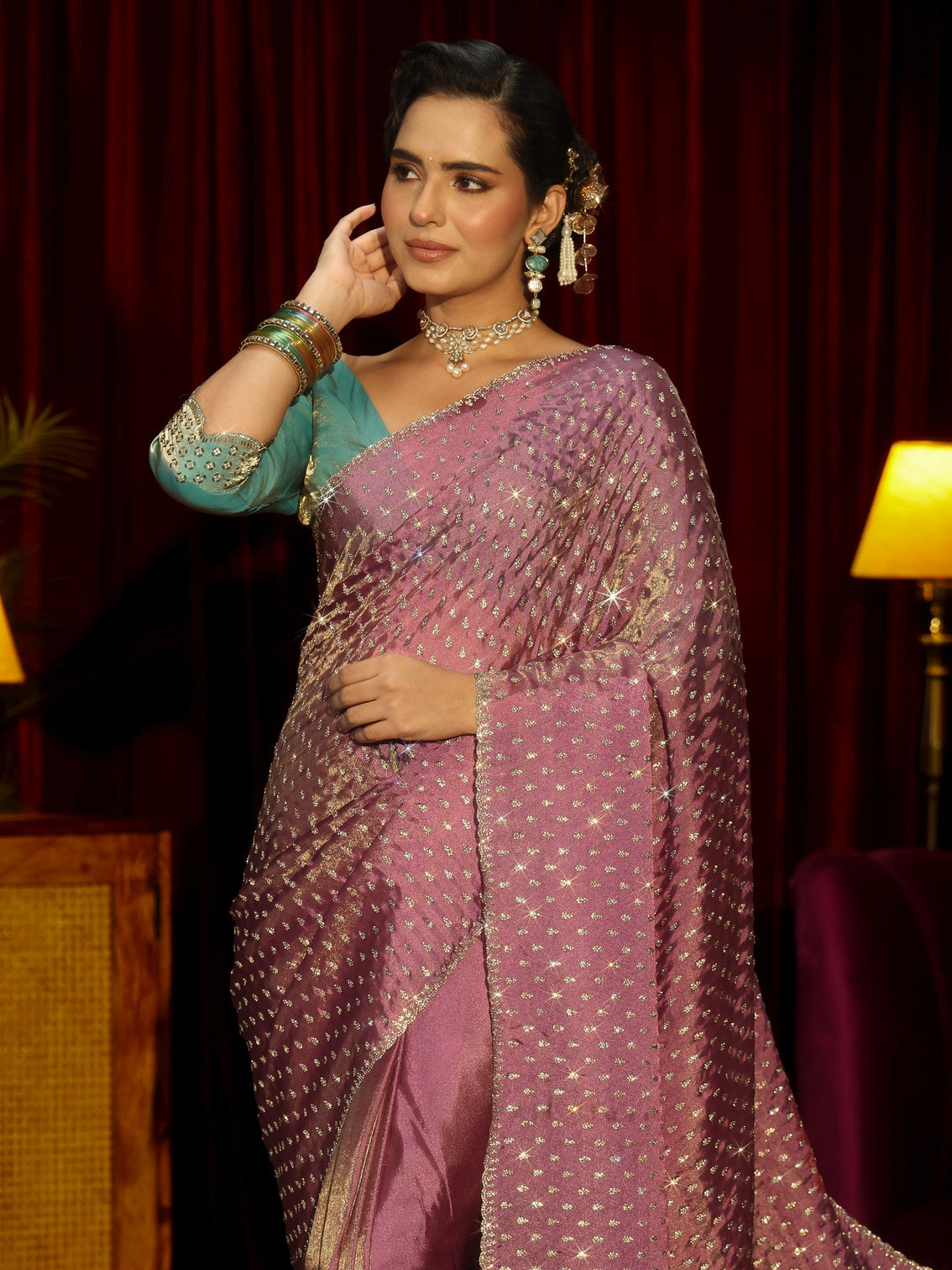 Mameraa Art Mauve Stone Work Embellished Tissue Saree