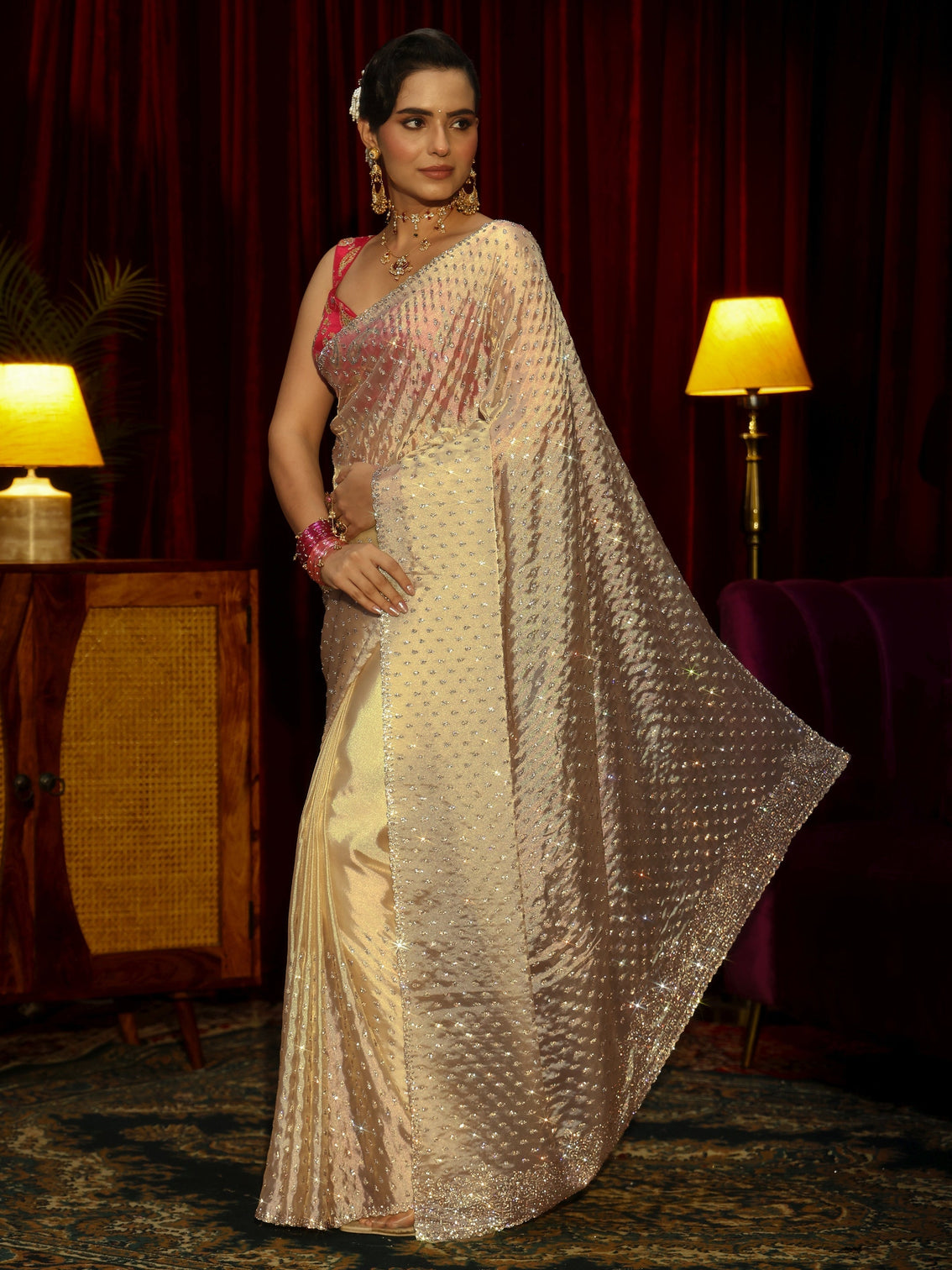 Mameraa Art Cream Stone Work Embellished Tissue Saree