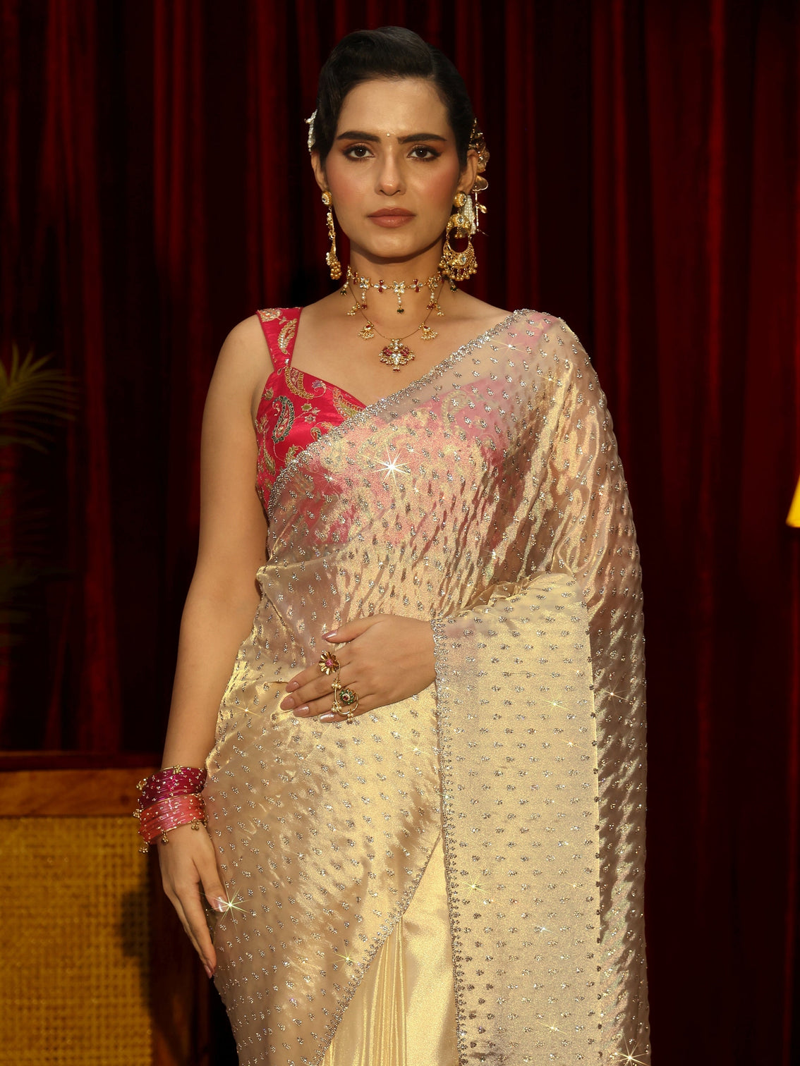 Mameraa Art Cream Stone Work Embellished Tissue Saree