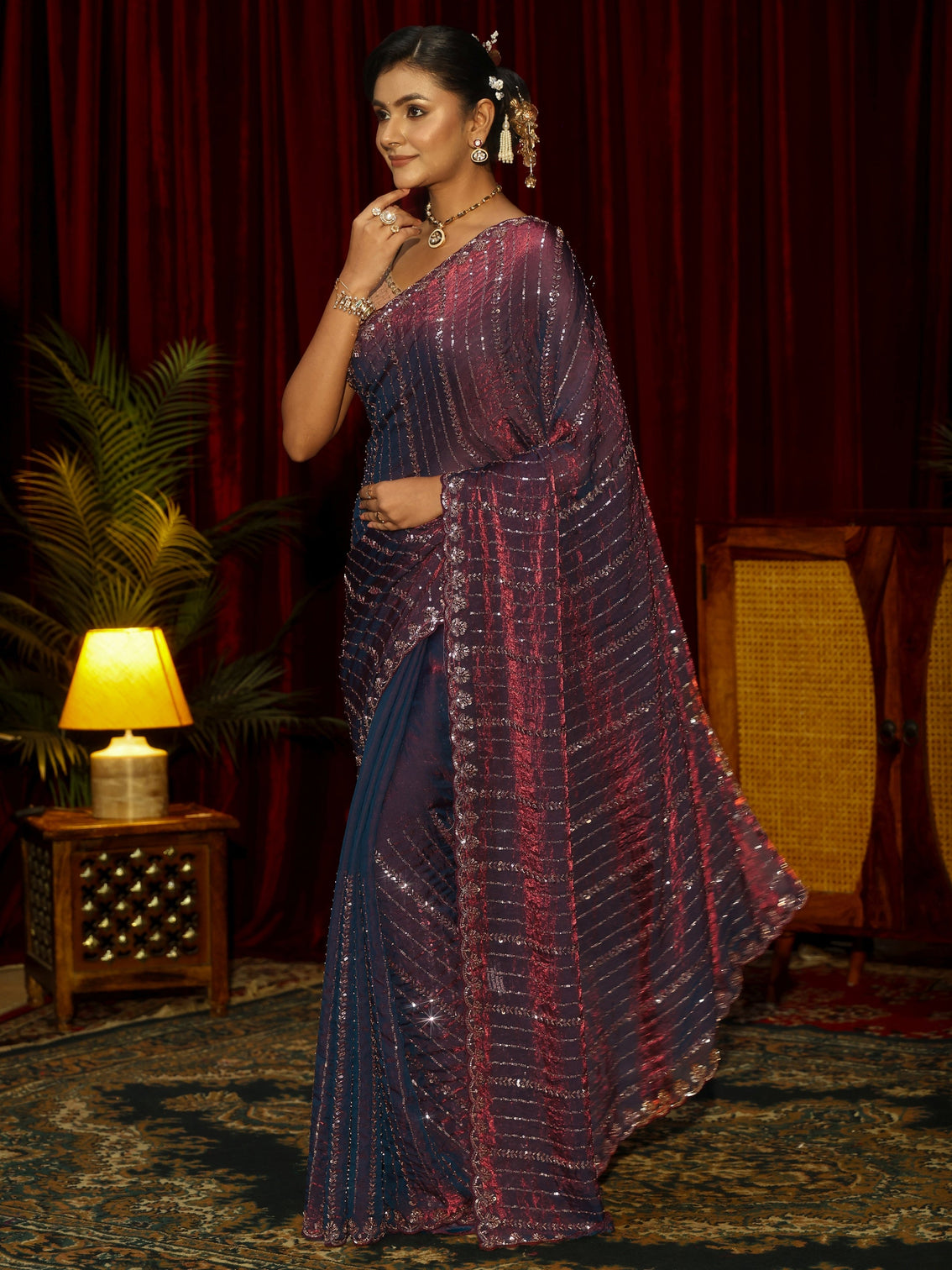 Mameraa Art Burgundy Sequin Embellished Tissue Saree