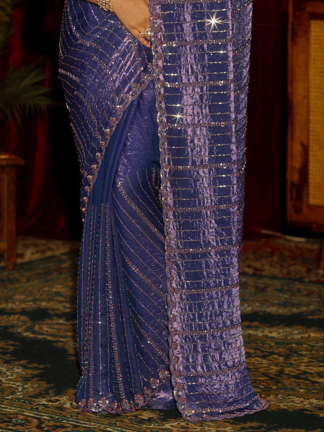 Mameraa Art Purple Sequin Embellished Tissue Saree
