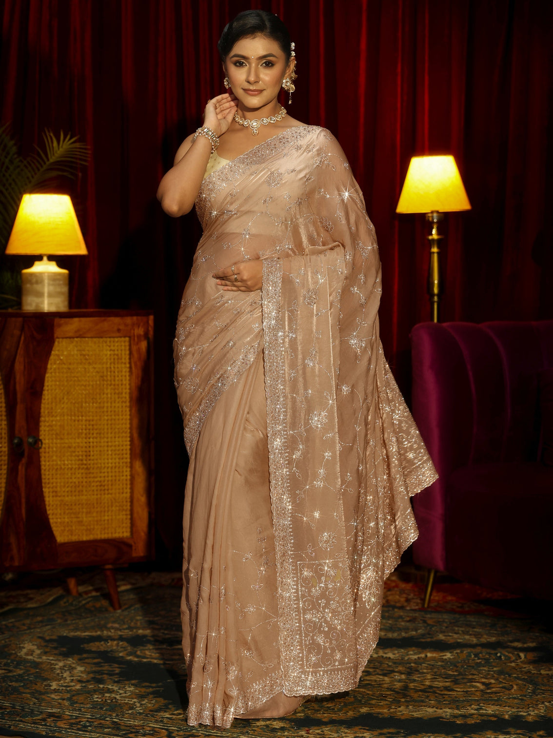 Mameraa Art Taupe Stone Work Embellished Tissue Saree